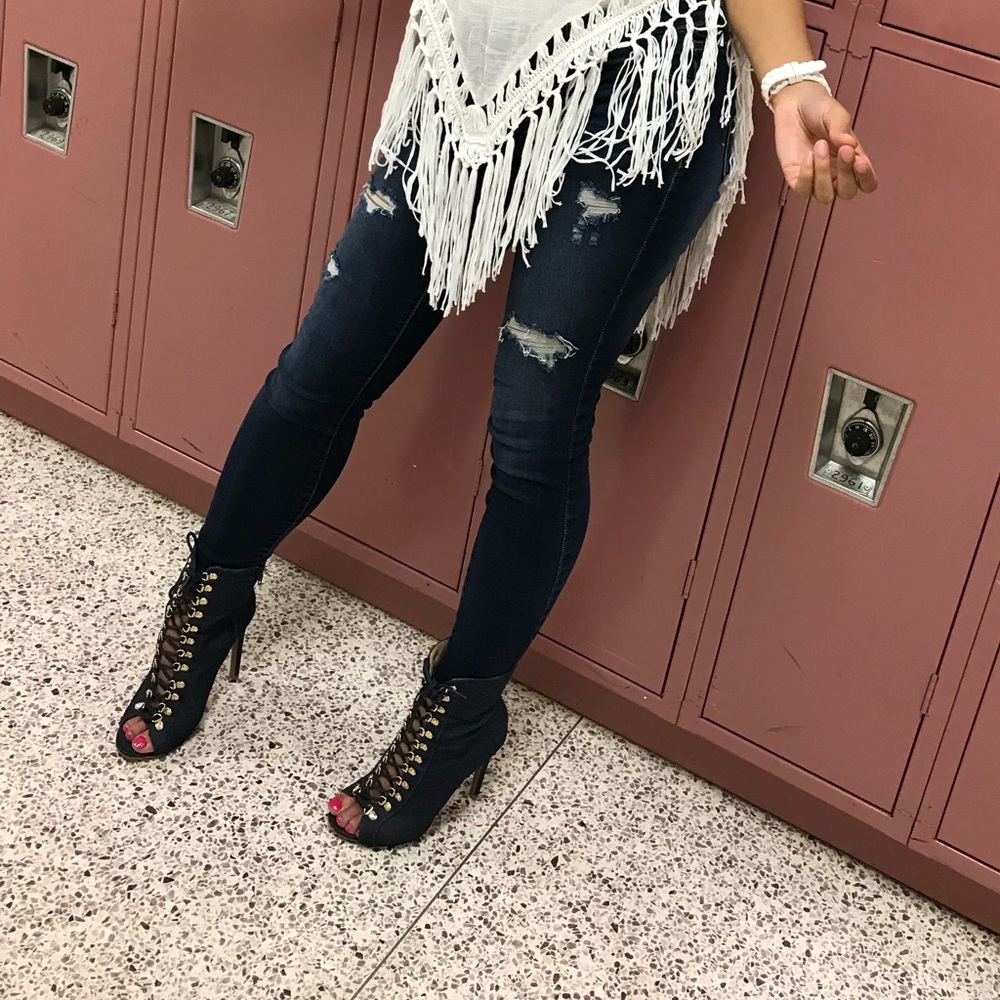 Denim lace up booties